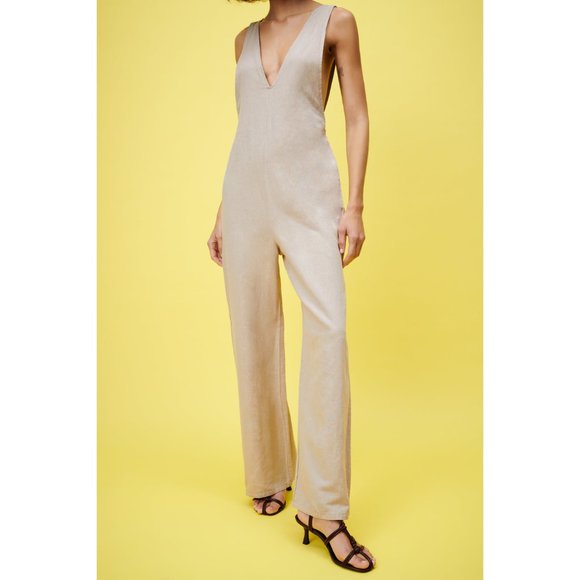 Zara Linen Wide Straight Leg Long Jumpsuit Overalls High Rise Waisted V-Neck XS - Picture 3 of 10